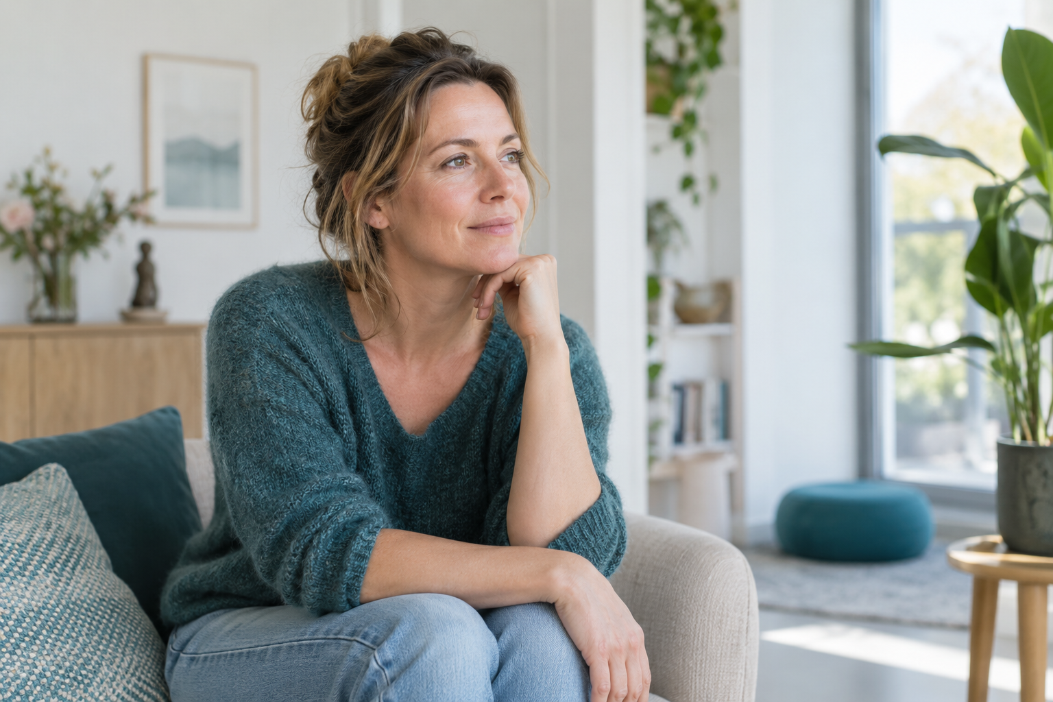Vrouw neemt thuis een rustig herstelmoment tijdens het stressprogramma